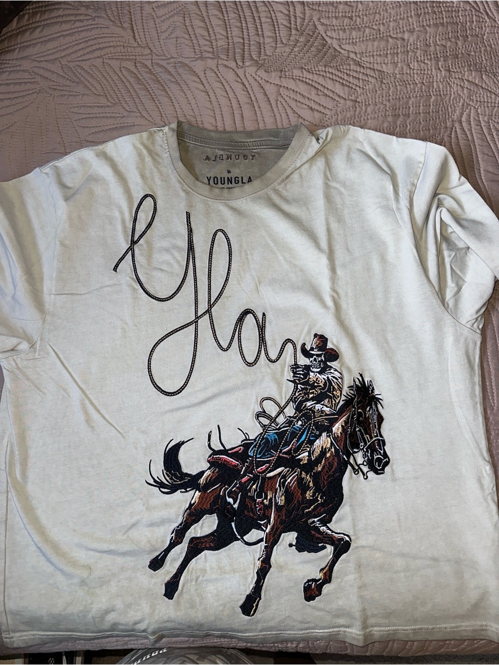 YoungLA White Short-Sleeve Tee with Cowboy Horse Graphic